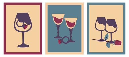 Collection of retro posters. Vertical vintage greeting cards with diamond, ring, wine, glass, rose. Valentine's day card. Vector flat illustration for holidays, romantic dinner, party, wedding, dating