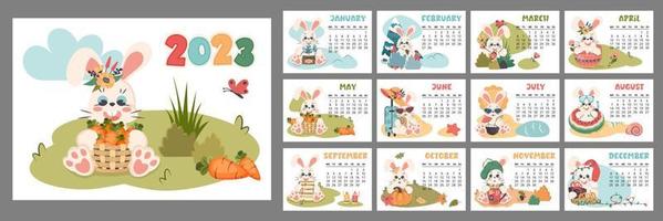 Calendar 2023 for each month. Horizontal planner with cute bunny in different seasons. Cartoon character rabbit  as symbol of new year. Week starts on Monday. Vector flat illustration