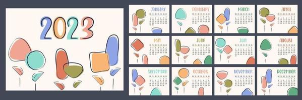 Floral calendar 2023 pages. Horizontal modern monthly planner with abstract flowers, plants. Week starts on Monday. Organizer template with cover in size A4 A3 A2 A5.Vector flat illustration for print vector