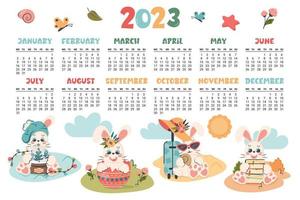 Calendar 2023. Horizontal planner with cute bunny in different seasons.  Cartoon character rabbit  as symbol of new year. Week starts on Monday. Vector flat illustration