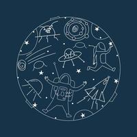 Set of space objects in doodle style. Astronaut, rocket, meteor. Vector illustration