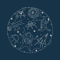 Set of space objects in doodle style. Astronaut, rocket, meteor. Vector illustration
