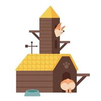 Barkitecture caoncept with big DogHouse, pet house fot corgis. Two-storied Dog House Flat vector illustration.