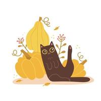 Cartoon black cat sitting with pumpkins. Funny kitty with big yellow eyes sits near a big pumpkin. isolayed concept with autumn leaves and leaf fall. Flat hand drawn vector illustration.