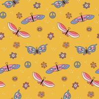 Seamless pattern with retro daisies, butterflies and peace sign. Summer simple minimalist flower elements. 70s style blooming plants. Yellow spring daisy colorful background.Vector linear illustration vector