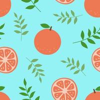 Seamless pattern with grapefruits and leaves on a blue background. vector