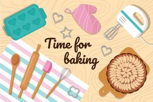 Baking utensils and apple pie on the table. vector