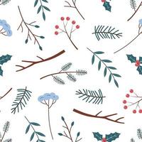 Seamless pattern with spruce branches and leaves on a white background. Botanical winter vector illustration in aestethic hand drawn style. Perfect for wrapping paper, wallpaper, fabric