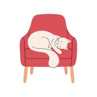 A white cat on a red chair with legs. The cat sleeps on the couch. Stylish vector illustration in a flat style with lines. Perfect for advertising a furniture store, pet friendly cafe or hotel.