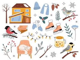 Winter set with botanical elements and cozy objects. Vector illustration in a trending flat style with an outline. House, tree, birds, branches, fir cones, clothes. Romantic collection