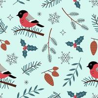 Seamless pattern with bullfinch bird, branches, cone and foliage on a green background. Botanical winter vector illustration in aestethic hand drawn style