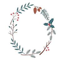 Ovall frame with winter plants with copy space. Vector element in aesthetic hand drawn style. Fir branches, berries and leaves on a white background.