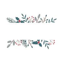 Horizontal border border with winter plants with space for text. Vector element in aesthetic style. Fir branches, berries and leaves on a white background.