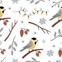 patrón impecable con pájaro titmouse, ramas, copos de nieve, cono y guirnaldas sobre un fondo blanco. ilustración de vector de invierno botánico en estilo dibujado a mano estético