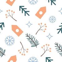 Seamless Pattern with abstract trees, branches, houses, snowflakes, berries. Vector white background. Perfect for wrapping paper, scrupbooking, napkins for decoupage or children's design