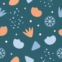 Winter seamless pattern with abstract shapes, snow, snowflakes. Vector green background in a flat simple style. Perfect for wrapping paper, scrumbooking, napkins for decoupage or seasonal collection