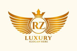 letra de ala real de lujo rz cresta vector de logotipo de color dorado, logotipo de victoria, logotipo de cresta, logotipo de ala, plantilla de logotipo vectorial.