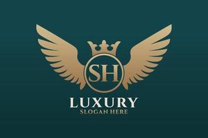 Luxury royal wing Letter SH crest Gold color Logo vector, Victory logo, crest logo, wing logo, vector logo template.