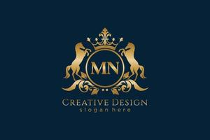 initial MN Retro golden crest with circle and two horses, badge template with scrolls and royal crown - perfect for luxurious branding projects vector