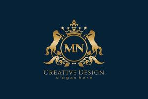 initial MN Retro golden crest with circle and two horses, badge template with scrolls and royal crown - perfect for luxurious branding projects vector