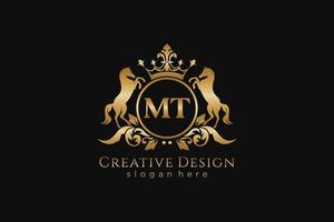 initial MT Retro golden crest with circle and two horses, badge template with scrolls and royal crown - perfect for luxurious branding projects vector