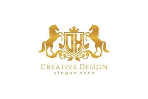 initial OX Retro golden crest with shield and two horses, badge template with scrolls and royal crown - perfect for luxurious branding projects vector