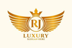 carta de ala real de lujo rj cresta vector de logotipo de color dorado, logotipo de victoria, logotipo de cresta, logotipo de ala, plantilla de logotipo vectorial.