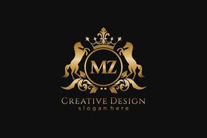 initial MZ Retro golden crest with circle and two horses, badge template with scrolls and royal crown - perfect for luxurious branding projects vector