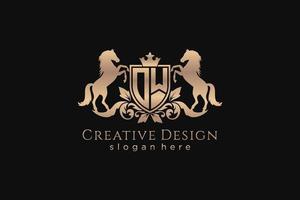 initial OW Retro golden crest with shield and two horses, badge template with scrolls and royal crown - perfect for luxurious branding projects vector