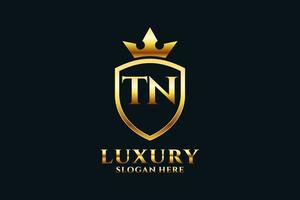 initial TN elegant luxury monogram logo or badge template with scrolls and royal crown - perfect for luxurious branding projects vector