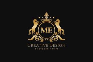 initial ME Retro golden crest with circle and two horses, badge template with scrolls and royal crown - perfect for luxurious branding projects vector