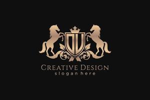 initial OU Retro golden crest with shield and two horses, badge template with scrolls and royal crown - perfect for luxurious branding projects vector