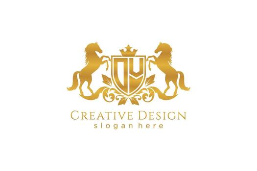 initial OV Retro golden crest with shield and two horses, badge template with scrolls and royal crown - perfect for luxurious branding projects vector