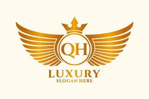 letra de ala real de lujo qh vector de logotipo de color dorado, logotipo de victoria, logotipo de cresta, logotipo de ala, plantilla de logotipo vectorial.