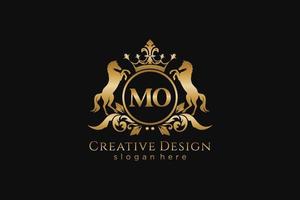 initial MO Retro golden crest with circle and two horses, badge template with scrolls and royal crown - perfect for luxurious branding projects vector