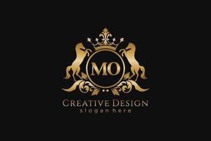 initial MO Retro golden crest with circle and two horses, badge template with scrolls and royal crown - perfect for luxurious branding projects vector