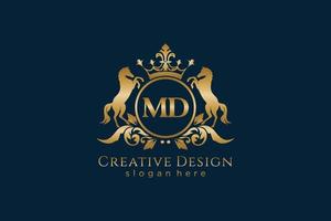 initial MD Retro golden crest with circle and two horses, badge template with scrolls and royal crown - perfect for luxurious branding projects vector