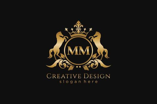 initial MM Retro golden crest with circle and two horses, badge template with scrolls and royal crown - perfect for luxurious branding projects vector