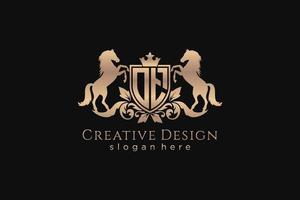 initial OT Retro golden crest with shield and two horses, badge template with scrolls and royal crown - perfect for luxurious branding projects vector