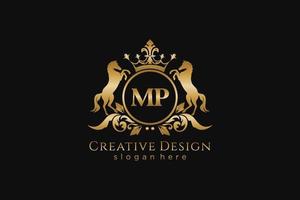 initial MP Retro golden crest with circle and two horses, badge template with scrolls and royal crown - perfect for luxurious branding projects vector