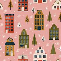 Merry Christmas and Happy New Year seamless pattern with various tiny houses. Modern hand draw illustrations. Colorful contemporary art vector