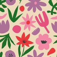 patrón estético contemporáneo imprimible sin costuras con flores retro groovy. fondo boho vintage de estilo ingenuo decorativo de los años 60 y 70 en estilo minimalista de mediados de siglo para tela, papel tapiz o envoltura vector