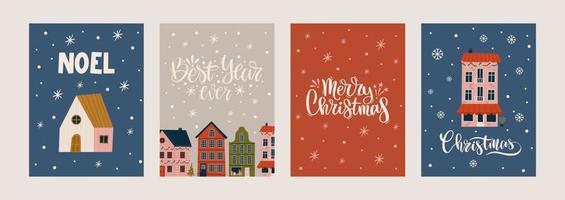 feliz navidad y feliz año nuevo conjunto de tarjetas de felicitación, carteles con varias casas pequeñas. diseño de navidad con letras, árbol, ciudad, copos de nieve en estilo de arte moderno. ilustración de moda dibujada a mano vector