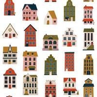 Merry Christmas and Happy New Year seamless pattern with various tiny houses. Modern hand draw illustrations. Colorful contemporary art vector
