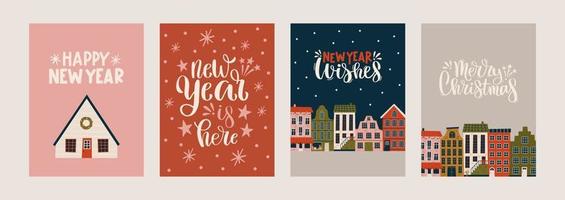 feliz navidad y feliz año nuevo conjunto de tarjetas de felicitación, carteles con varias casas pequeñas. diseño de navidad con letras, árbol, ciudad, copos de nieve en estilo de arte moderno. ilustración de moda dibujada a mano vector