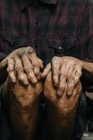 Close up of male wrinkled hands, old man is wearing photo