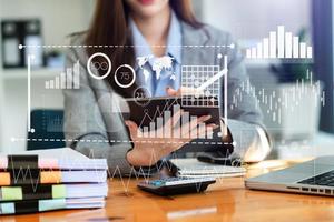 Intelligence and business analytics with dashboard concept.Website designer working in come digital tablet computer laptop.and smart phone. photo