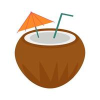 Coconut with umbrella and straw on a white background vector