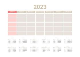 calendario inglés del planificador del año 2023, calendario de programación diaria de plantilla en una página. organizador semanal, plantilla de planificador anual. ilustración vectorial vector