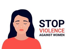 Sad woman with text Stop violence against women, free rights, hand gesture sign stop. Elimination of violence against women. Victim girl, bullying. Vector illustration